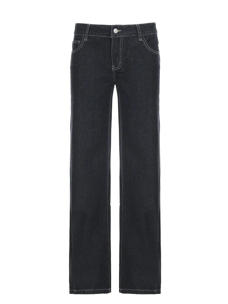Basic Low Rise Straight Jeans Streetwear y2k Letter Embroidery Baggy Denim Pants Women's Trouser Vintage 2000s Mom Jeans