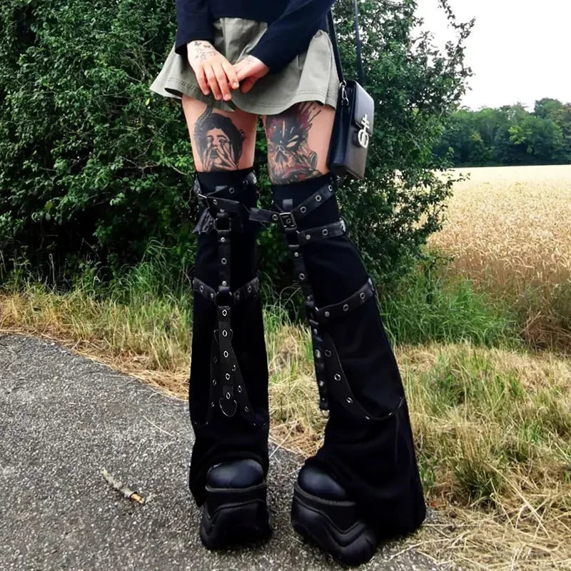 Harajuku Vintage Dark Punk Style Leather Buckle Leggings Micro Flared Leg Covers Women Spring New Leg Warmers