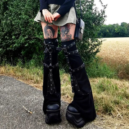 Harajuku Vintage Dark Punk Style Leather Buckle Leggings Micro Flared Leg Covers Women Spring New Leg Warmers