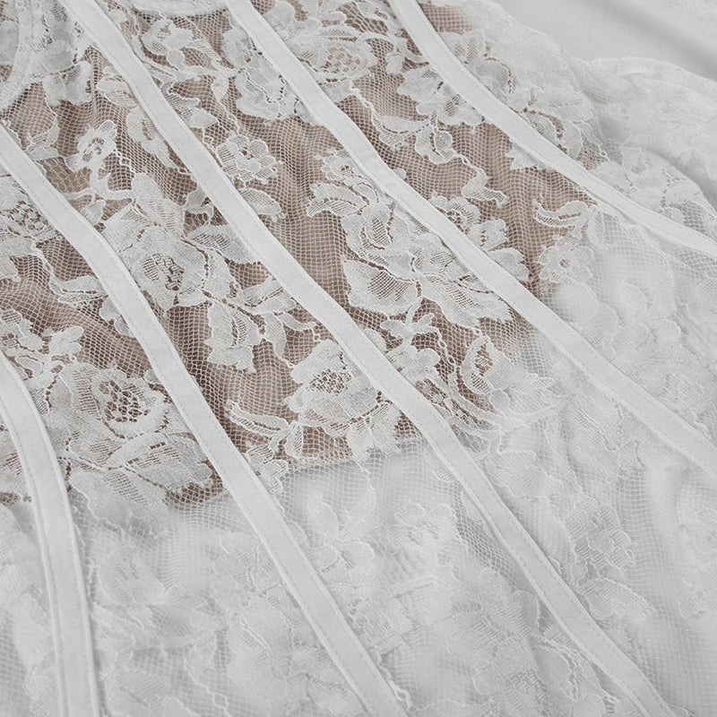 Elegant Fairy White Corset A-line Dress See Through Lace Square Collar Sexy Long Sleeve Short Dresses Aesthetic Sweet