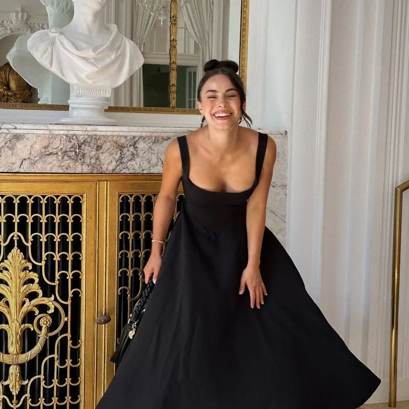 Square Neck Sleeveless A Line Fit and Flare Midi Dress