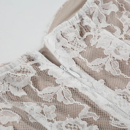 Elegant Fairy White Corset A-line Dress See Through Lace Square Collar Sexy Long Sleeve Short Dresses Aesthetic Sweet
