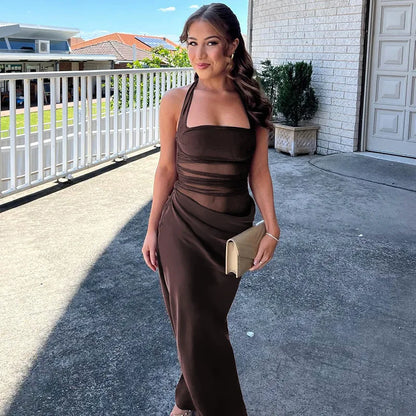 Halter Mesh Ruched Midriff Wrap Panel Bodycon Maxi Gown