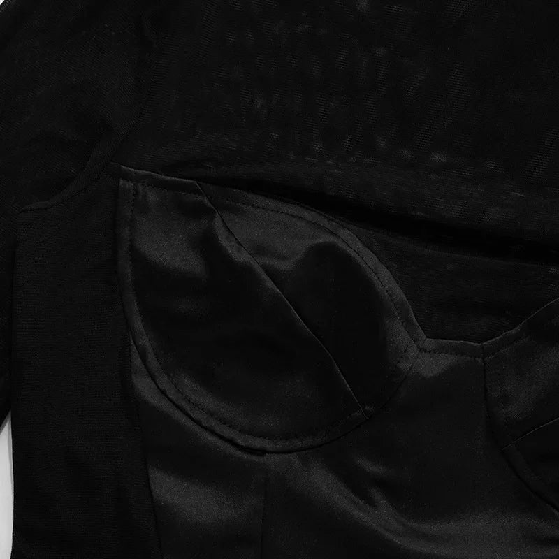 Sexy Cut Out Black Sheer Mesh Turtleneck Women Club Dresses 2025 Summer Fashion Patchwork Long Sleeve Y2K Dress Bodycon Mini