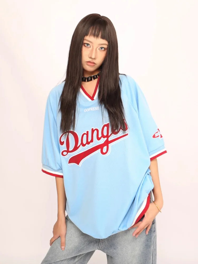 Y2k Sport Embroidery Graphic T Shirts for Women Oversized V-neck Quick Drying Short SleeveTee Summer Hip Hop Casual Tops