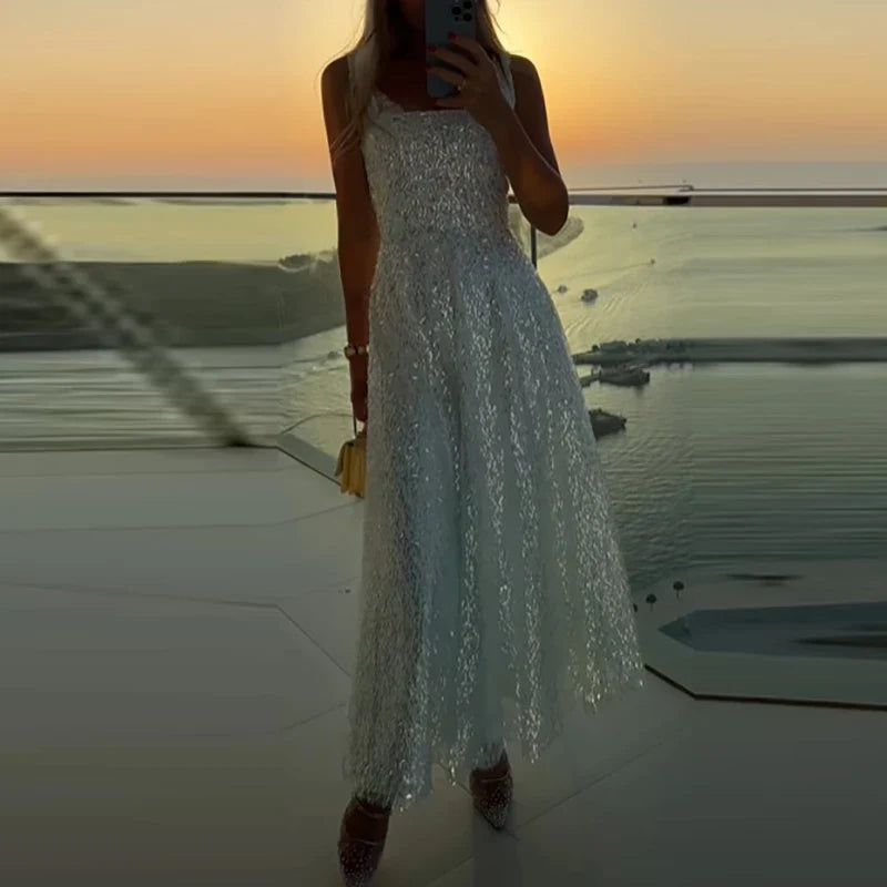 Fashion Temperament Sleeveless Evening Dresses Elegant Party High Waisted Pleated Dress Shiny Sequins Mesh Halter Long Dresses