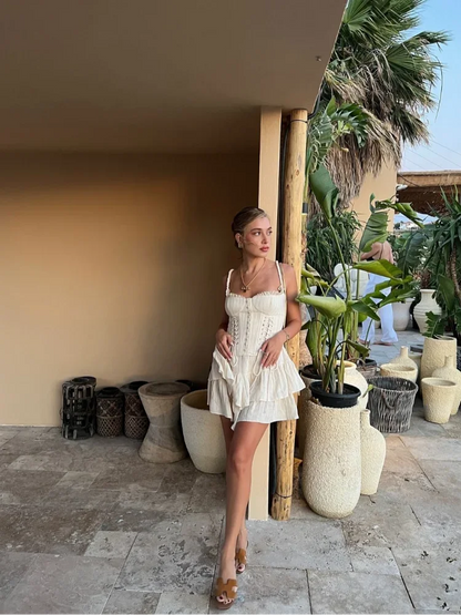 Women Sexy Backless Sleeveless Layer Ruffles Hem Dresses Bandage Chest Wrapped A-line Mini Dress Summer Lady Vacation Beach Wear