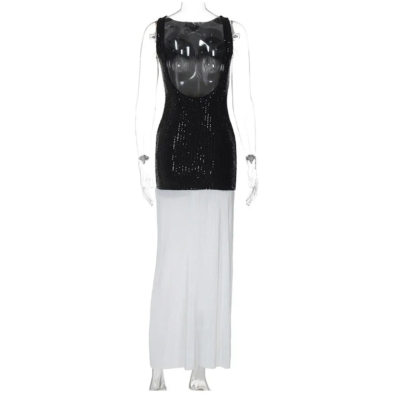 Sequin Bodice Pleated Contrast Skirt Sleeveless Maxi Dress