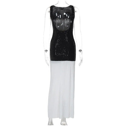 Sequin Bodice Pleated Contrast Skirt Sleeveless Maxi Dress
