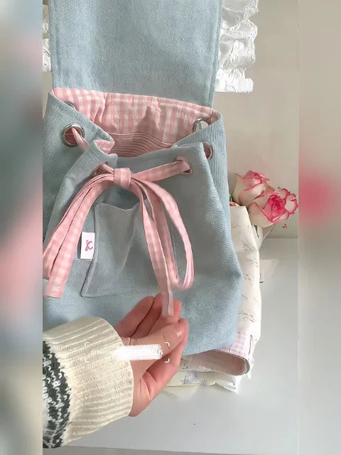 Retro Denim Large Capacity Canvas Bag Women New Lace Chic Sweet Cute Mini Backpack Female Harajuku Y2k Mochila Aesthetic