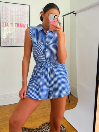 Casual Women's Jumpsuit Blue Plaid Single Breasted Sleeveless Lace-up Jumpsuit Fashion Summer Beach Holiday Jumpsuit