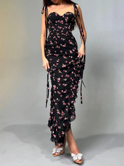 Women's Floral Print Bandage Suspender Holiday Dress Sexy Summer Lace-up Sleeveless Irregular Mesh Ruffles Black Evening Dresses