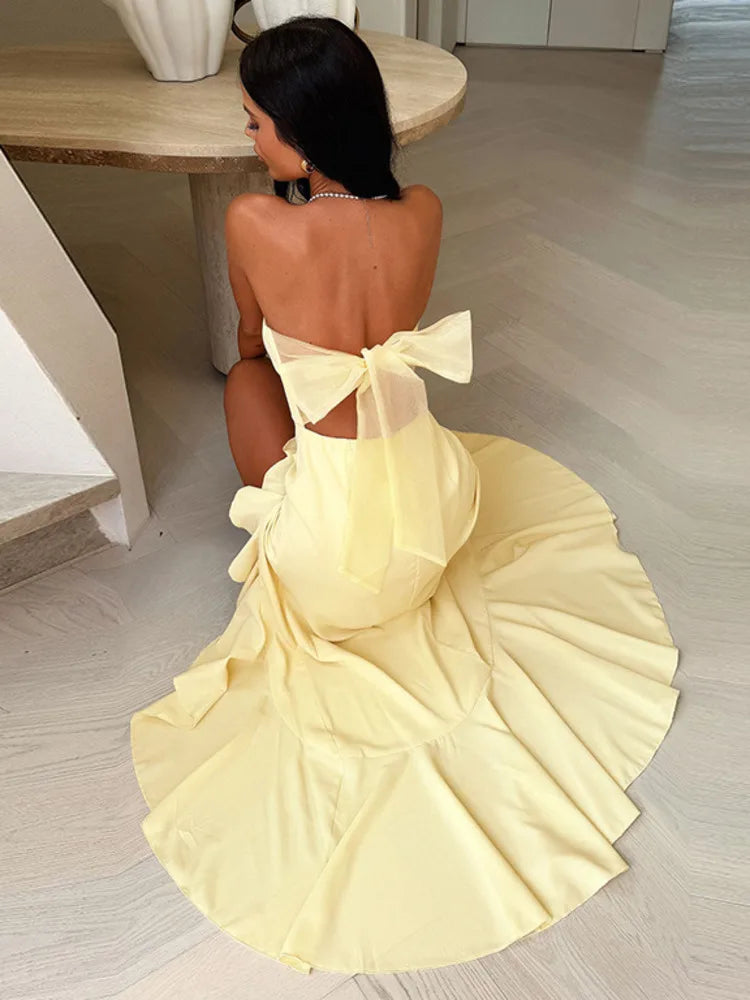 Off-shoulder Strapless Ruffled Sexy Maxi Dress Women Summer Fashion Backless Bow Thigh High Split Club Long Dress