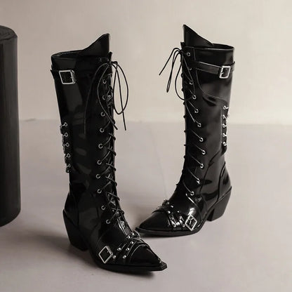 Fashion Punk Rock Band Performance Knee Length Boots with Pointed Chelsea 6cm Thick Heel Chain Boots 35-45 Slipsole Boots