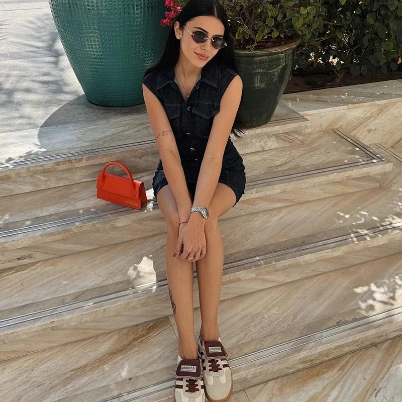 Turn Down Collar Sleeveless Denim Dress Single Breasted Short Dress For Women 2025 New Tight Navy Blue Summer Dresses Vestidos