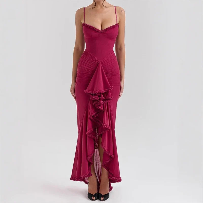 New Summer Sexy Garden Party Solid Women's Dress Elegant Chest Wrap Mesh Patchwork Long Dress Casual Suspender Beach Dress Mujer