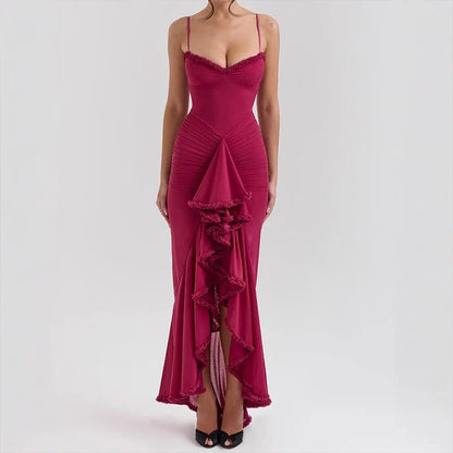 New Summer Sexy Garden Party Solid Women's Dress Elegant Chest Wrap Mesh Patchwork Long Dress Casual Suspender Beach Dress Mujer