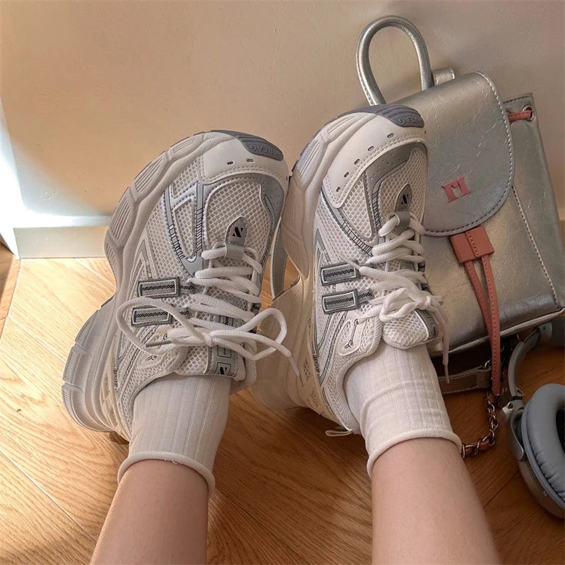 High Quality Casual Sneakers Women Breathable Mesh Mixed Colors Striped Design Thick Sole Platform Ladies Shoes