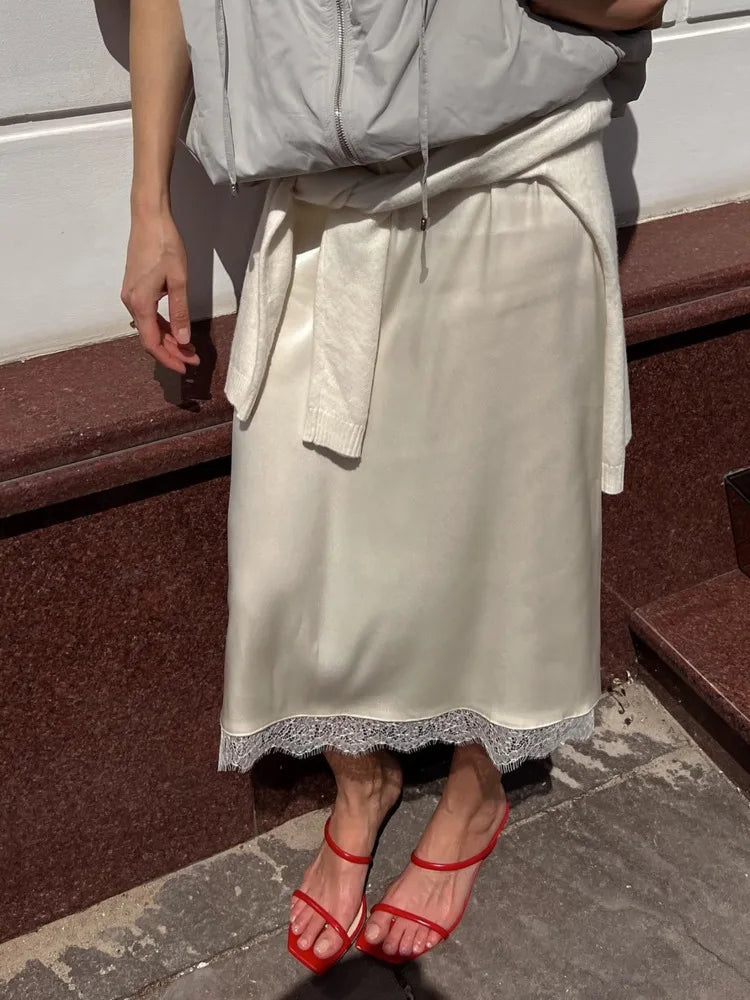 Fashion Satin Lace Patchwork Drawstring Short Skirt Feminine Elegant Slim Fit Midi Skirt Female Summer Streetwear