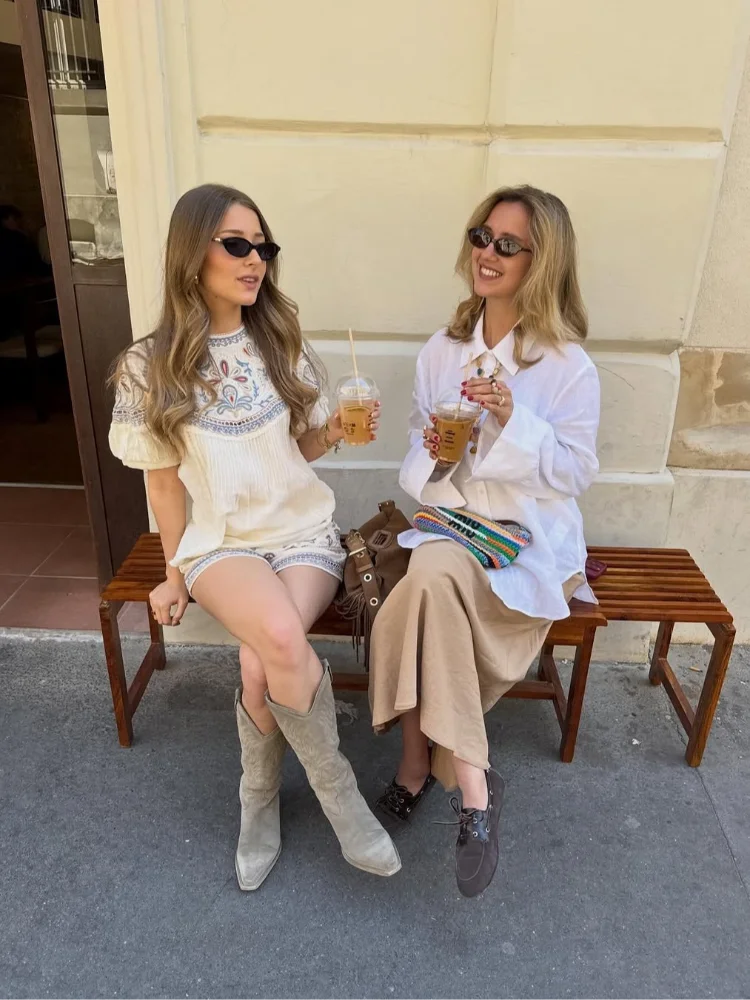 Floral Embroidered 2 Piece Short Sleeve Loose Top High Waist Summer Bohemian Beach Vacation Resort Loungewear Co-ord Set