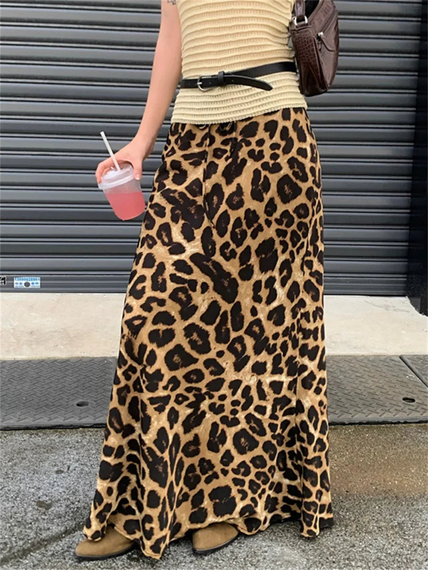 Retro Mopping Skirts Women Loose Slim New Leopard Chic Casual Elegant High Waist Office Lady Daily Streetwear