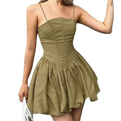 Sexy Summer Bodycon Mini Dress Fishbone Boned Slim Fit Pleated Ruffled Sleeveless Party Clubwear Casual Streetwear Outfit