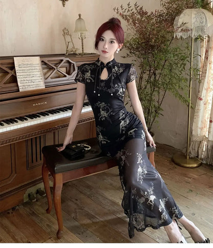 Vintage Chinese National Style Slimming Modified Cheongsam Dress Women's New Summer Chic Y2K Slim Elegant Split Long Dress