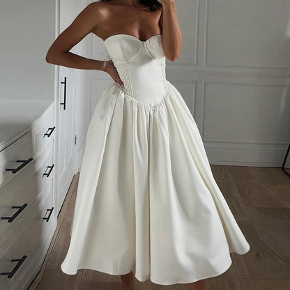 French Style Women Strapless A-line Dress White Romantic Chic Backless Lace-up Corset Long Dress Evening Party Outfit