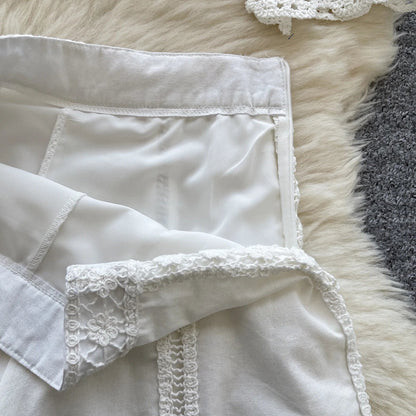 Crochet Patchwork Shorts Sets Women Single Breasted Lapel Collar Long Sleeve Blouse Summer Casual Fashion White Two-piece Set