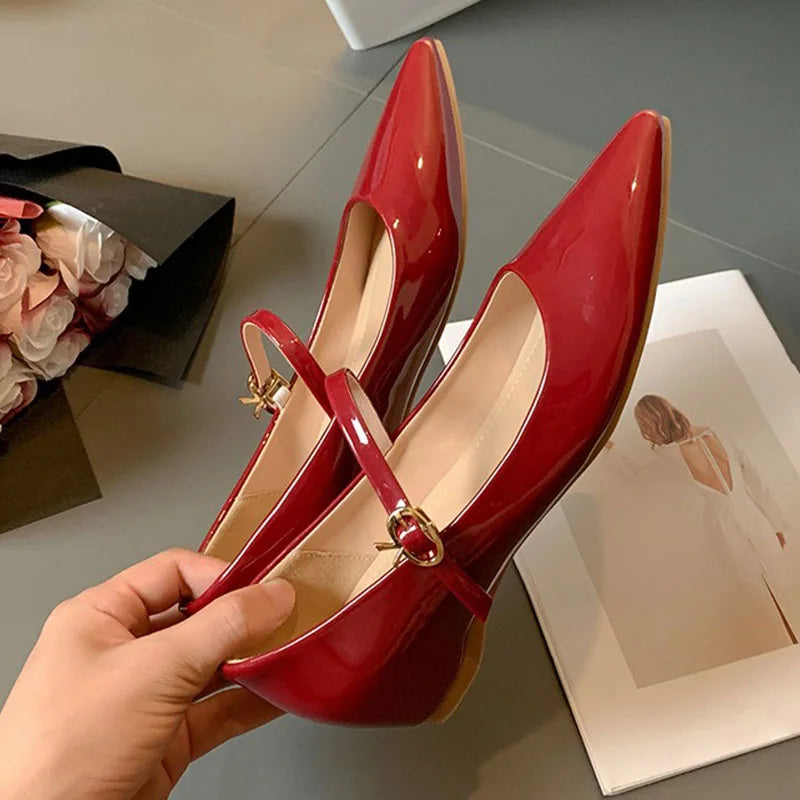 Women 5cm Heels Wedges Mary Jane Thin Shoes Sexy Buckle Strap Pointed-toe Pumps Solid Color Patent Leather Heels Lady Work Shoes