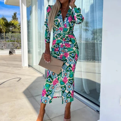 Women Sexy Floral Print Bohemian Long Dress Spring Deep V-neck Slim Bodycon Party Dress Autumn Puff Sleeve Front Slit Maxi Dress