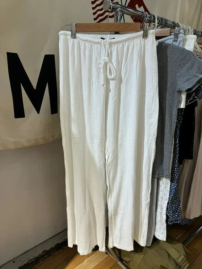 Vintage Eyelet Drawstring Straight Long Pants Women Autumn High Waist Cotton Solid Trousers Simple Sweet Home Pajama Pants Y2K