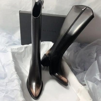 Women's Long Boots Elegant High Heels Black Heeled Ladies Knee Shaft Shoes Fashion Waterproof New In Pu Quality Boot Chic