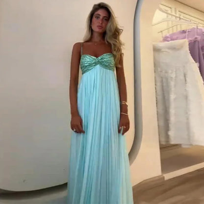 Sexy Pleated Patchwork Sling Long Dress Women Sleeveless Backless A-line Holiday Maxi Dresses 2025 Summer Lady Beach Party Robes