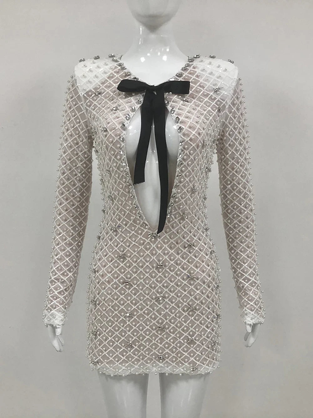 Padded Shoulder Pearl Crystal Mesh Plunge V Neck Mini Dress