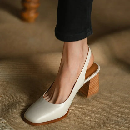 Womens' Sandals Retro French Style Shoes For Spring Thick Square Heel Closed Toe Pumps Summer Sandals Real Leather Slingbacks