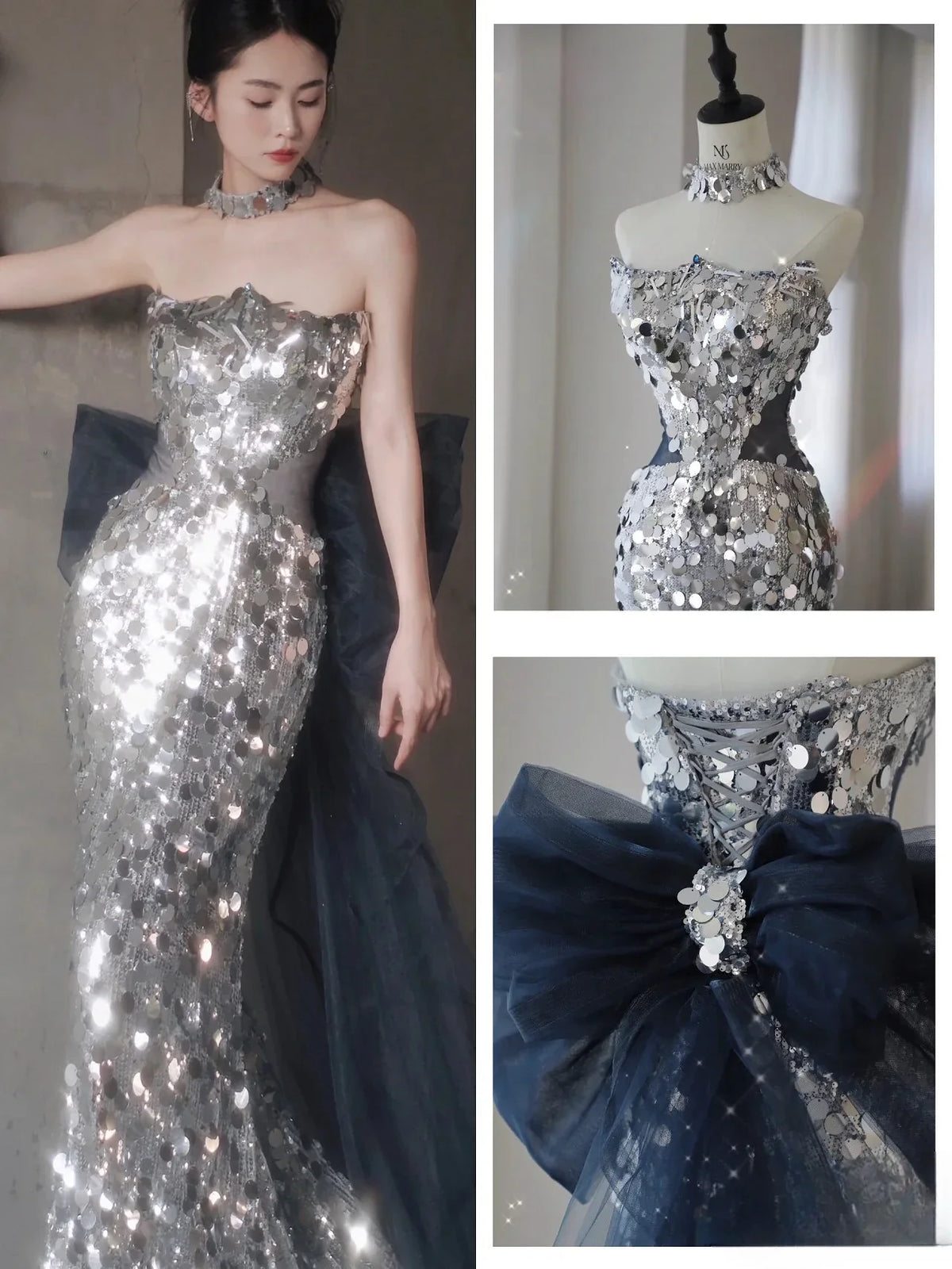 Silvery Shiny Sequins Prom Dresses Mermaid Removable Tulle Bow Trailing Ceremony Performance Party Backless Formal Evening Gowns