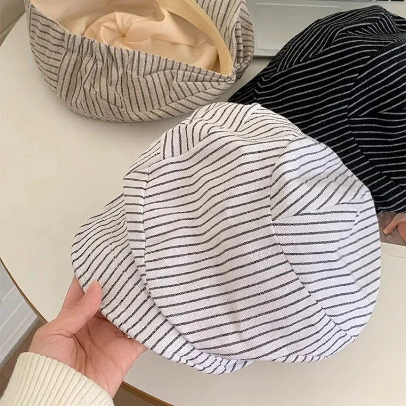 Japanese Classic Color Matching Striped Newsboy Hats Women Summer Breathable Versatile Show Face Small Retro Literary Berets