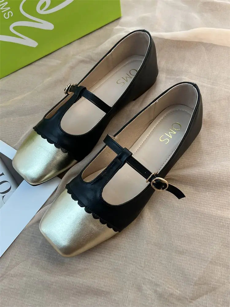 T-strap Mary Janes Shoes for Women Pu Leather Ptachwork Elegant Flats Shoes Spring Autumn Square Toe Loafers Female Shoes