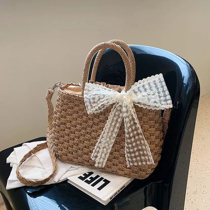 Luxury Designer Women's Hand Woven Straw Bag Summer New Bohemian Beach Seaside Travel Handbag Lace Bow Drawstring Tote Picnic