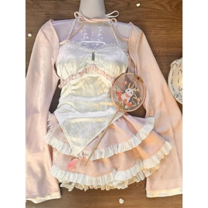 New Chinese Style Pink Cardigan Coat Women+ Irregular Slim Fit Camisole Vest+ High Waist Ruched Lace Skirts Three Piece Sets