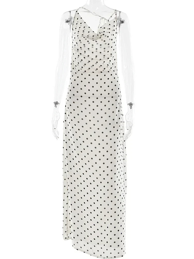 Cowl Neck Polka Dot Spaghetti Strap Maxi Dress