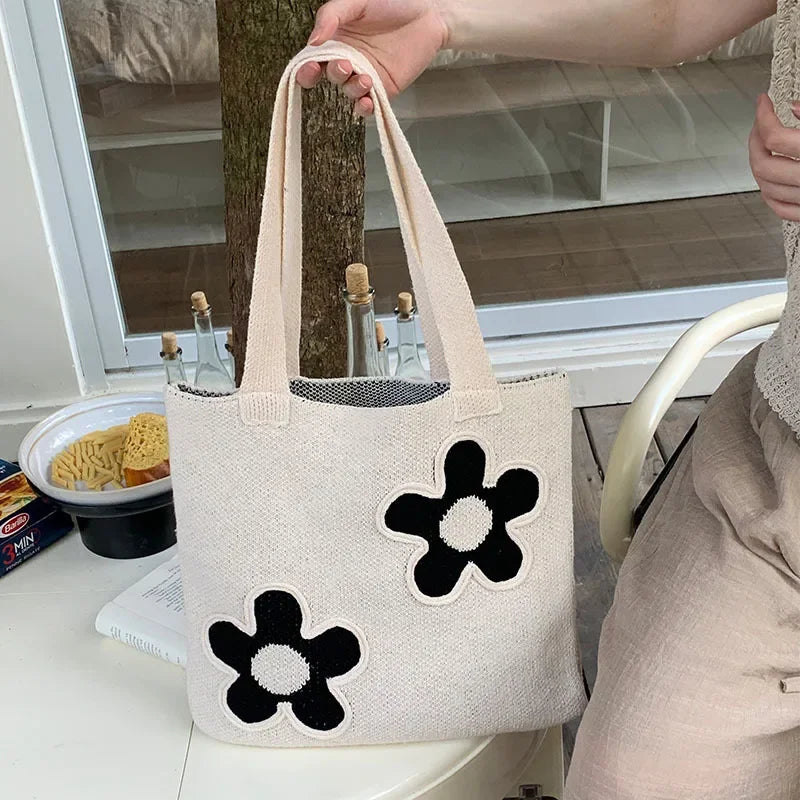 Fashion Sweet Kawaii Flower Shoulder Underarm Bag High-capacity Y2k All Match Handbags Women Knitted Casual Shopping Tote Bags