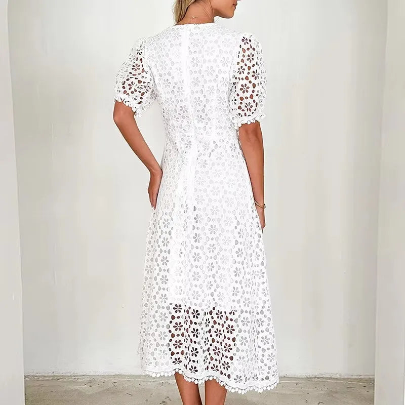 Sexy Deep V Lace Hollow Crochet Solid color Party Dresses Summer Elegant Women Temperament Waist Cinching A-Line Maxi Dress 2025