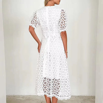 Sexy Deep V Lace Hollow Crochet Solid color Party Dresses Summer Elegant Women Temperament Waist Cinching A-Line Maxi Dress 2025