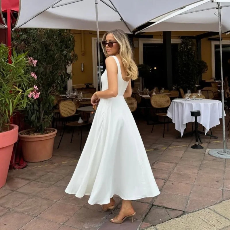 Square Neck Sleeveless A Line Fit and Flare Midi Dress