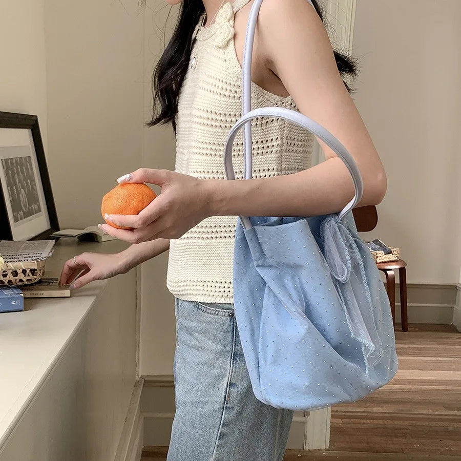 Sweet Girl Shoulder Bag Women's Korean Diamond Handbags New Summer Nylon Bow Tote Bags