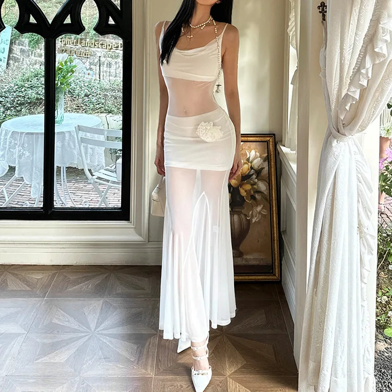Autumn and Winter Women's Solid Color Sexy Pure Desire Suspenders See-through Slim-fitting Hip Long Dress