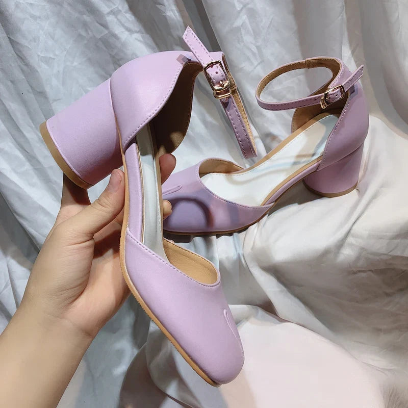 New Purple Women Tabi Shoes Split Toe Female Chunky High Heel Pumps Ankle Wrap Designer Summer Sandals Mary Janes Big Size