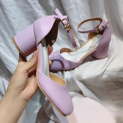 New Purple Women Tabi Shoes Split Toe Female Chunky High Heel Pumps Ankle Wrap Designer Summer Sandals Mary Janes Big Size